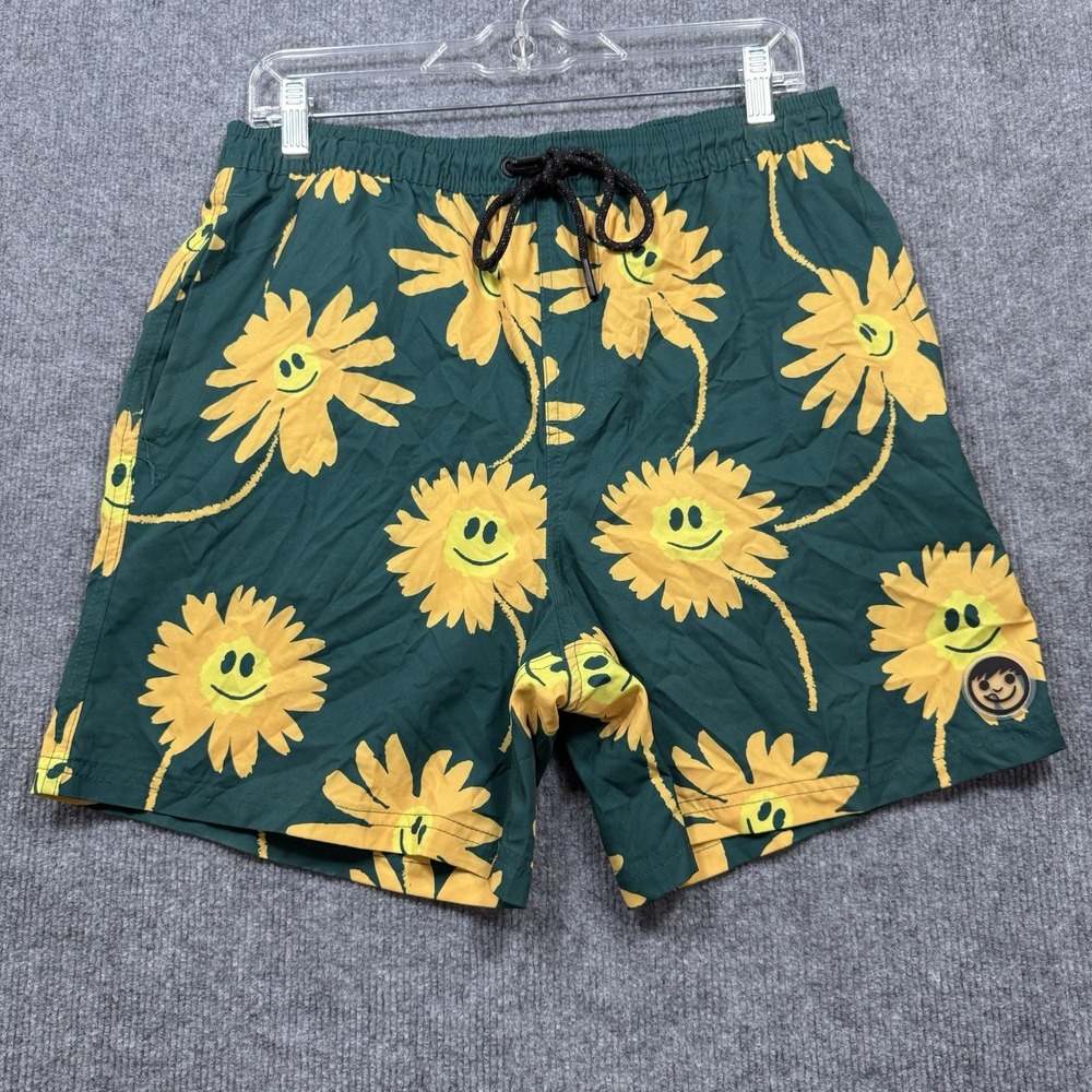 Neff Smiley Sunflower Swim Trunks Men's Large Green Yellow Board Shorts